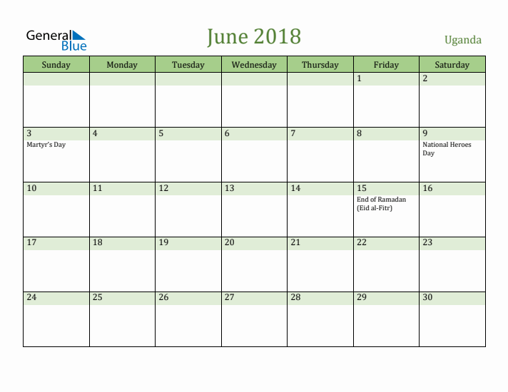 June 2018 Calendar with Uganda Holidays