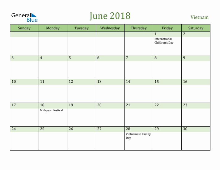 June 2018 Calendar with Vietnam Holidays