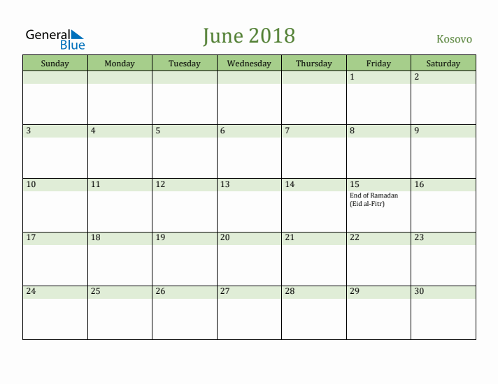 June 2018 Calendar with Kosovo Holidays