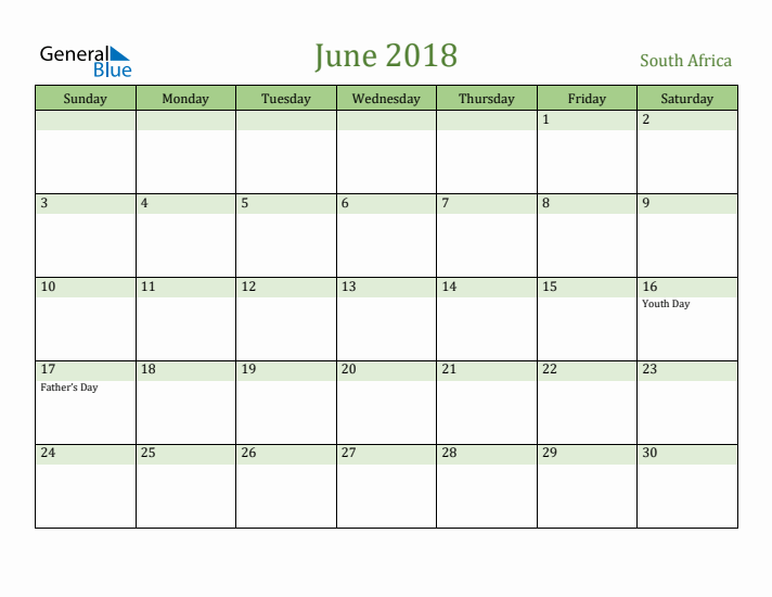 June 2018 Calendar with South Africa Holidays