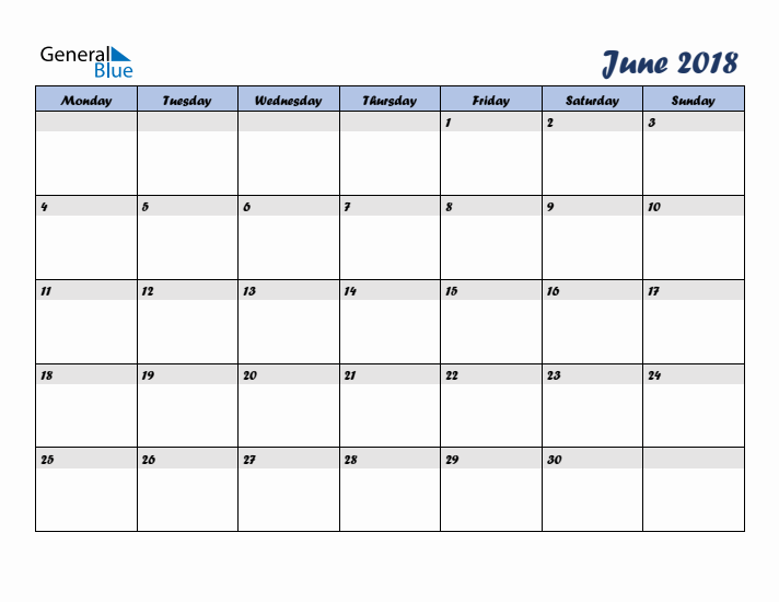 June 2018 Blue Calendar (Monday Start)