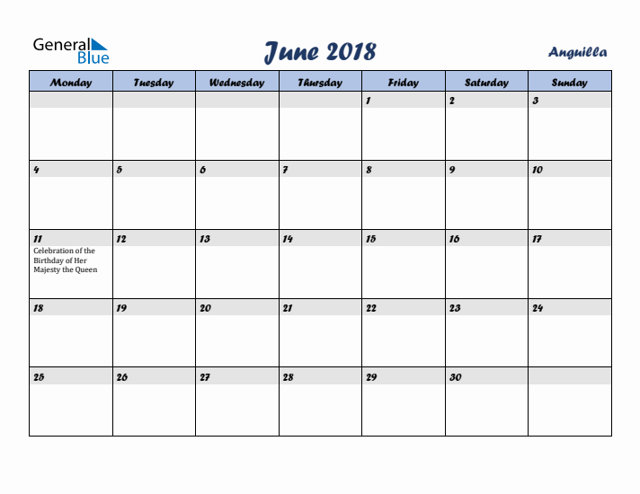 June 2018 Calendar with Holidays in Anguilla