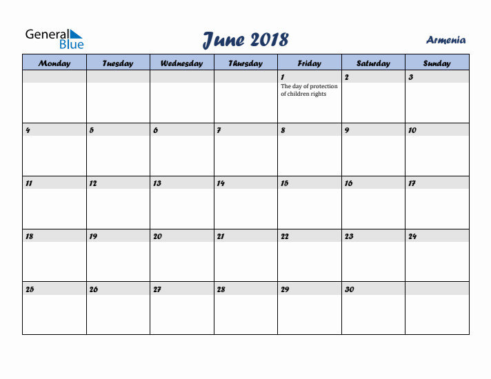 June 2018 Calendar with Holidays in Armenia