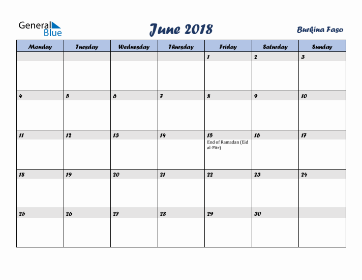 June 2018 Calendar with Holidays in Burkina Faso