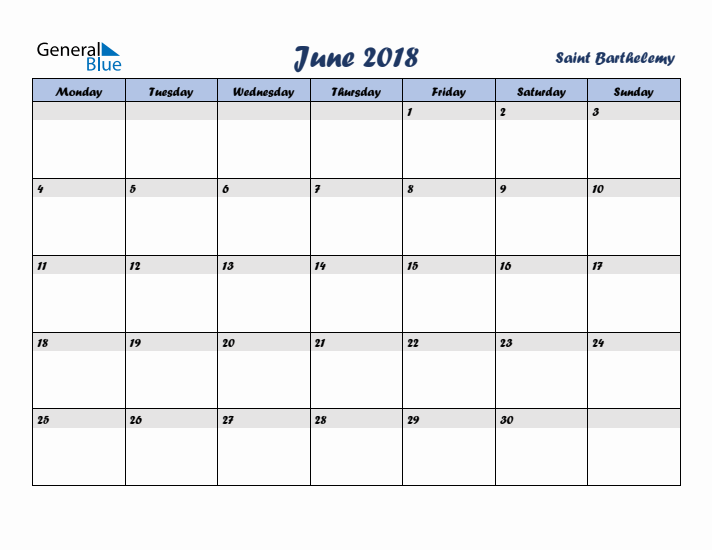 June 2018 Calendar with Holidays in Saint Barthelemy
