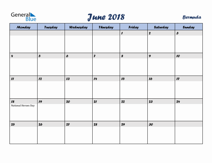 June 2018 Calendar with Holidays in Bermuda