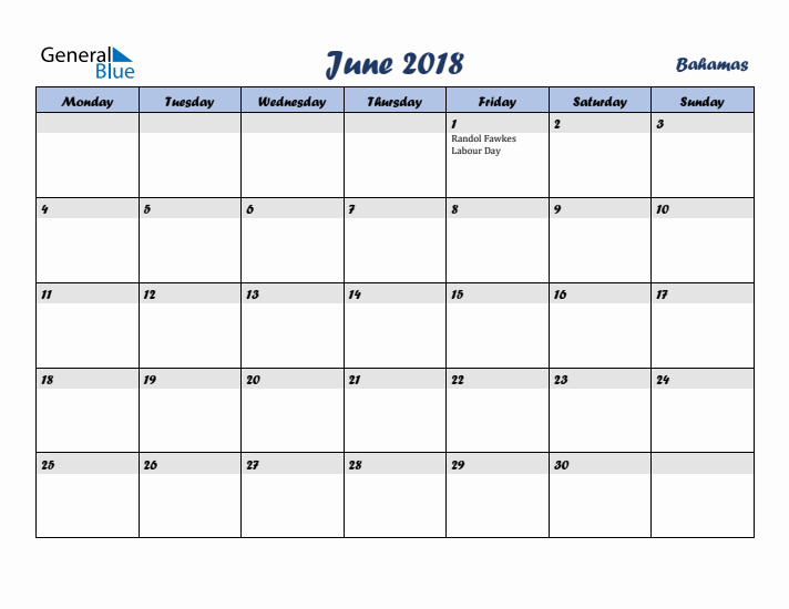 June 2018 Calendar with Holidays in Bahamas