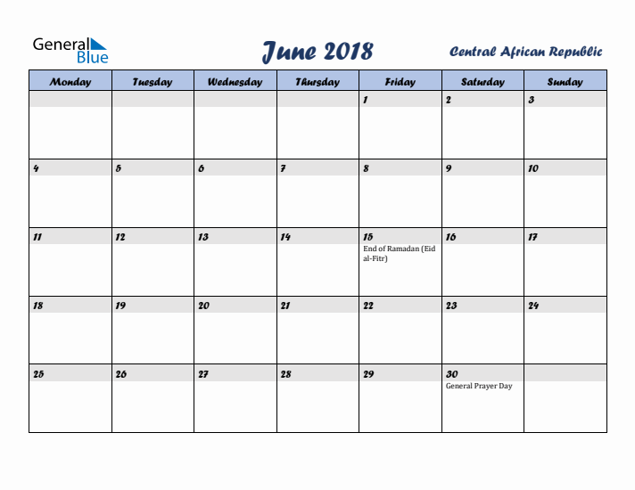 June 2018 Calendar with Holidays in Central African Republic