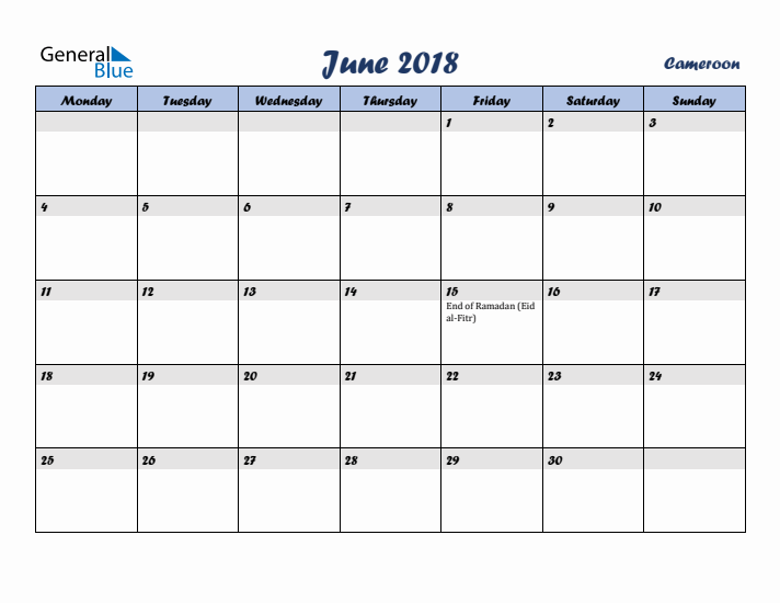 June 2018 Calendar with Holidays in Cameroon