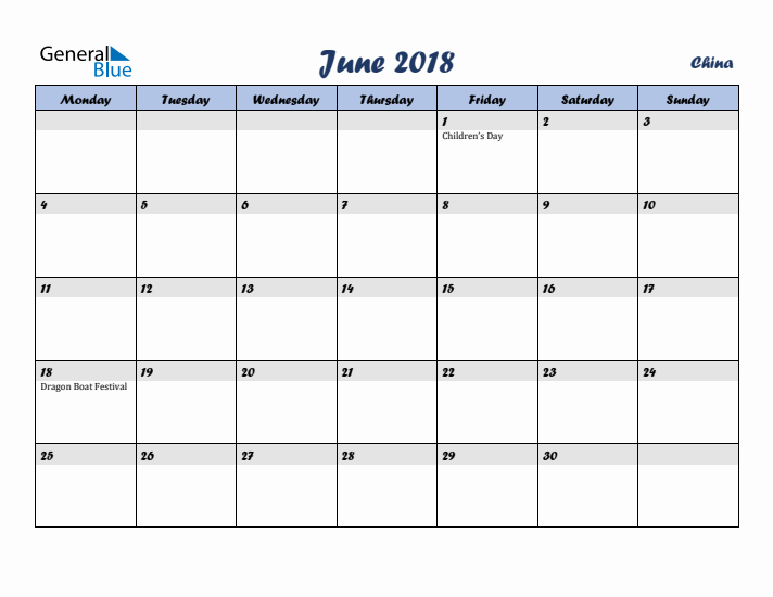 June 2018 Calendar with Holidays in China