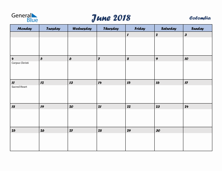 June 2018 Calendar with Holidays in Colombia