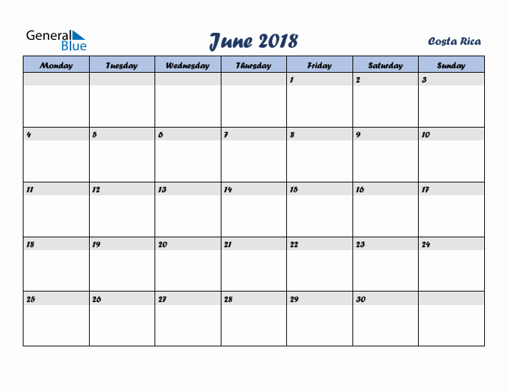 June 2018 Calendar with Holidays in Costa Rica