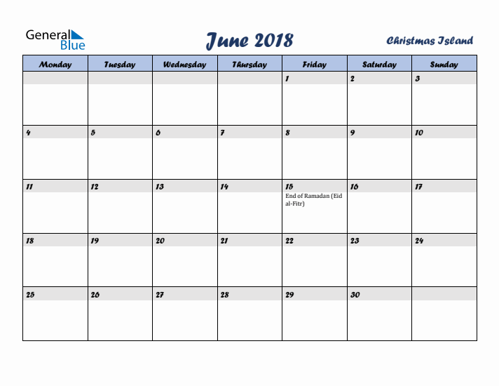 June 2018 Calendar with Holidays in Christmas Island