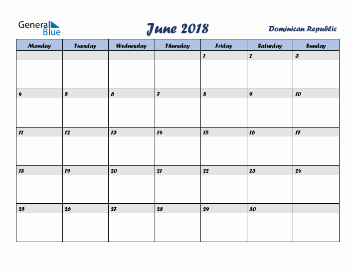 June 2018 Calendar with Holidays in Dominican Republic