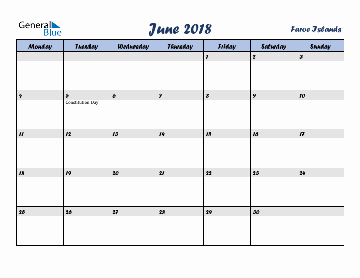 June 2018 Calendar with Holidays in Faroe Islands
