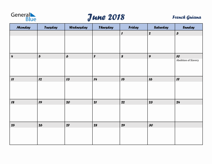 June 2018 Calendar with Holidays in French Guiana