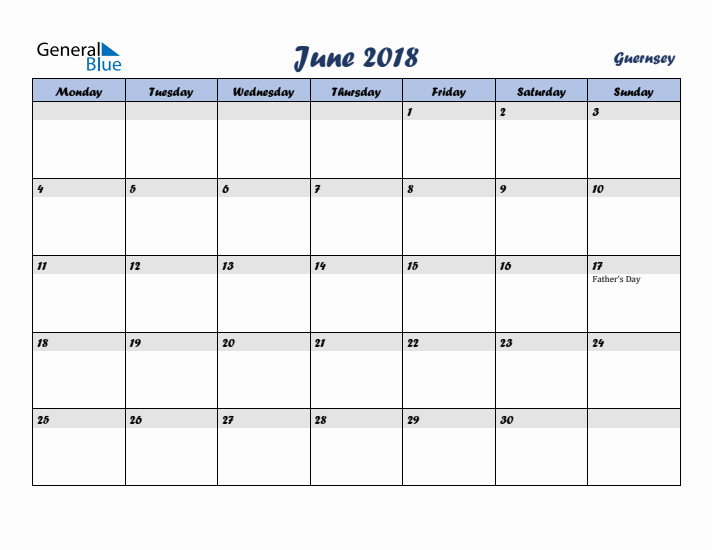 June 2018 Calendar with Holidays in Guernsey