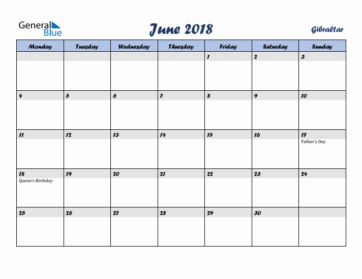 June 2018 Calendar with Holidays in Gibraltar