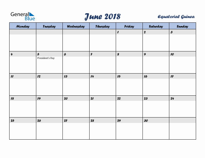 June 2018 Calendar with Holidays in Equatorial Guinea