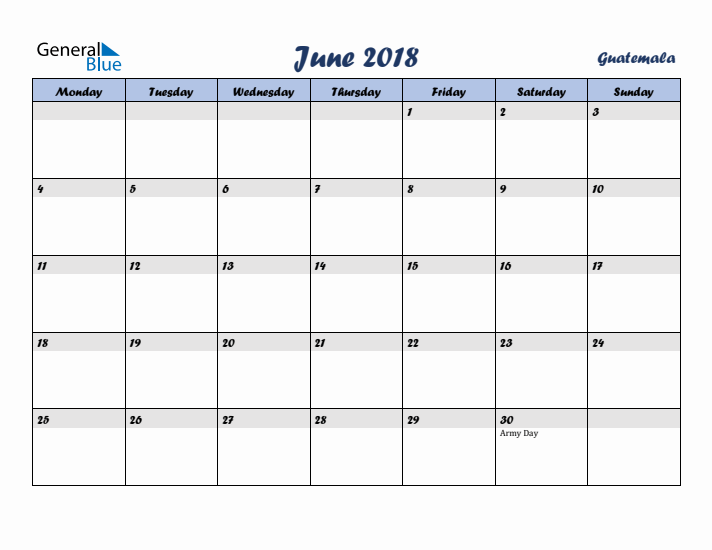 June 2018 Calendar with Holidays in Guatemala