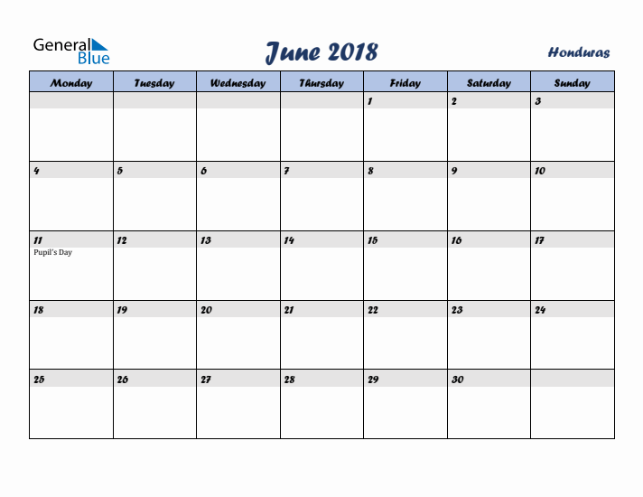 June 2018 Calendar with Holidays in Honduras