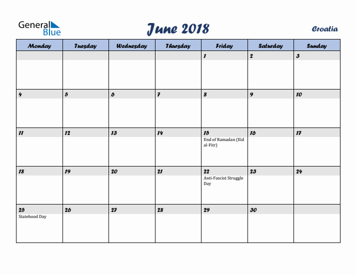 June 2018 Calendar with Holidays in Croatia