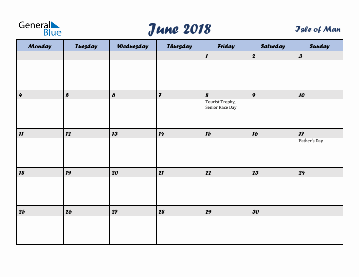 June 2018 Calendar with Holidays in Isle of Man