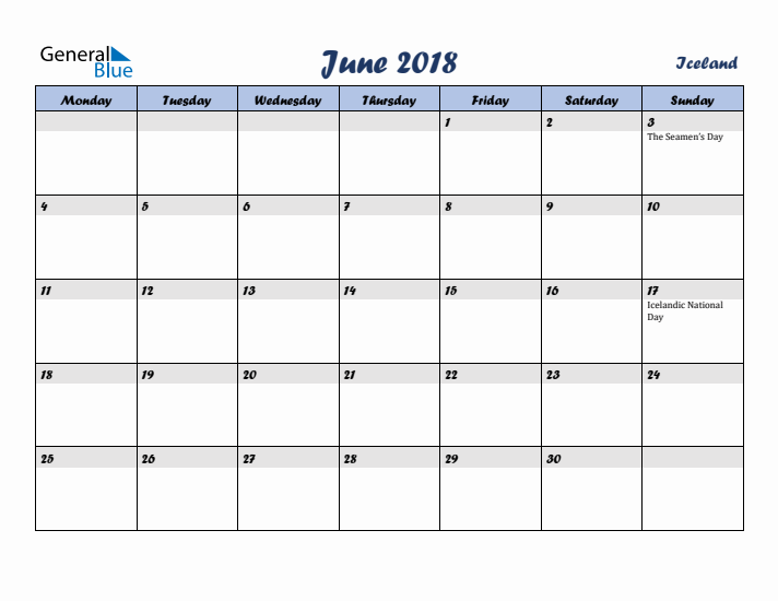 June 2018 Calendar with Holidays in Iceland