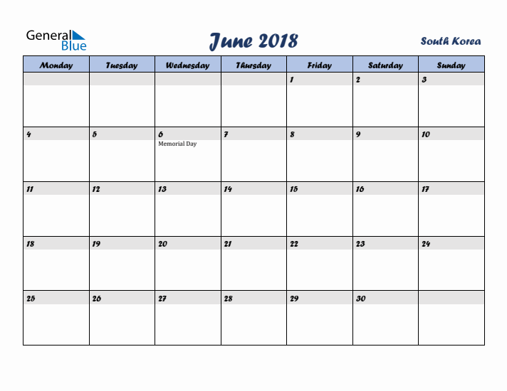 June 2018 Calendar with Holidays in South Korea