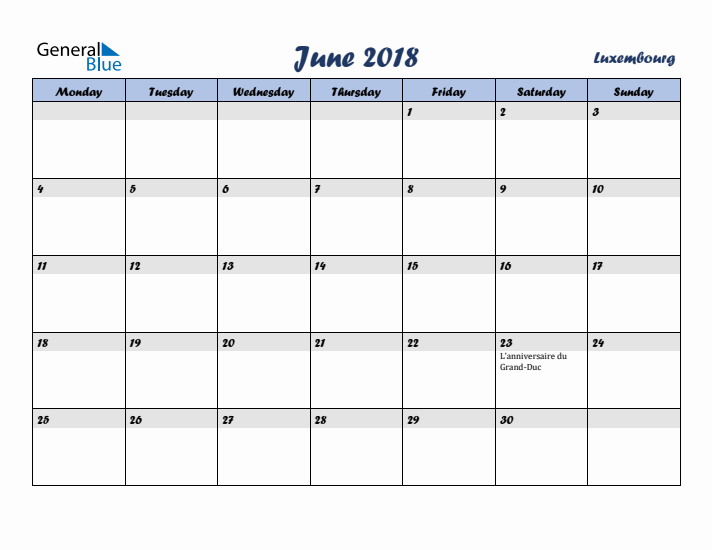 June 2018 Calendar with Holidays in Luxembourg