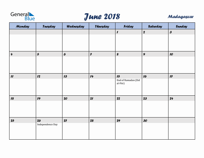 June 2018 Calendar with Holidays in Madagascar