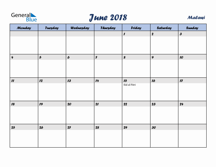 June 2018 Calendar with Holidays in Malawi