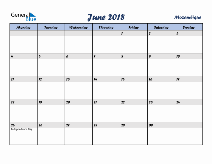 June 2018 Calendar with Holidays in Mozambique