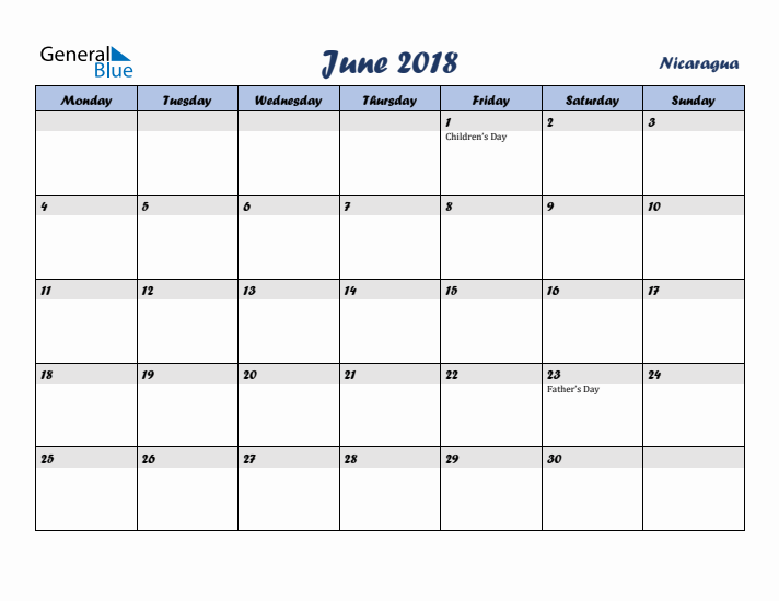 June 2018 Calendar with Holidays in Nicaragua