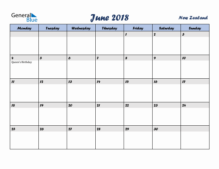 June 2018 Calendar with Holidays in New Zealand