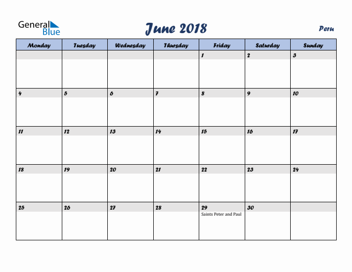 June 2018 Calendar with Holidays in Peru