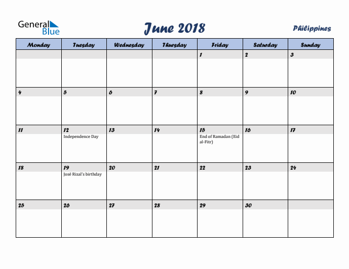 June 2018 Calendar with Holidays in Philippines