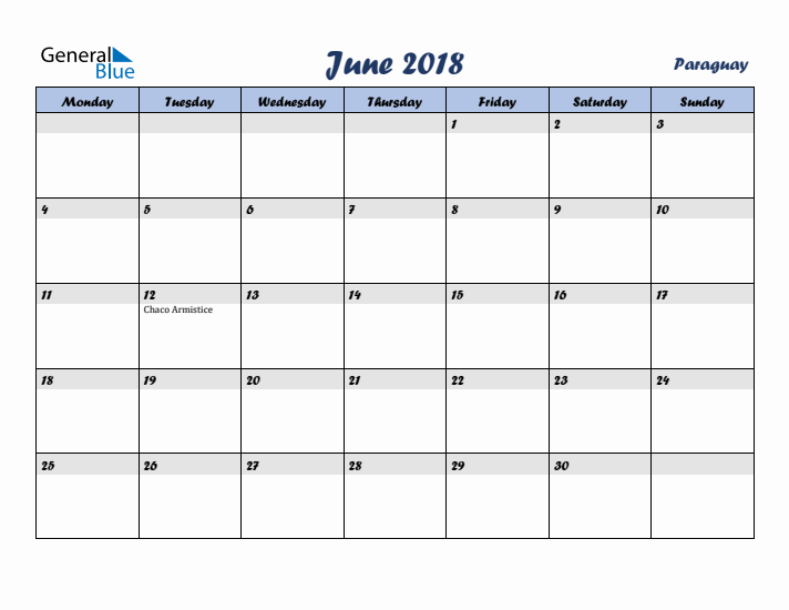 June 2018 Calendar with Holidays in Paraguay