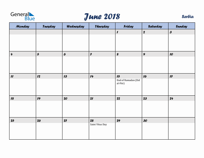 June 2018 Calendar with Holidays in Serbia