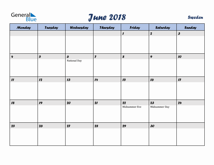 June 2018 Calendar with Holidays in Sweden