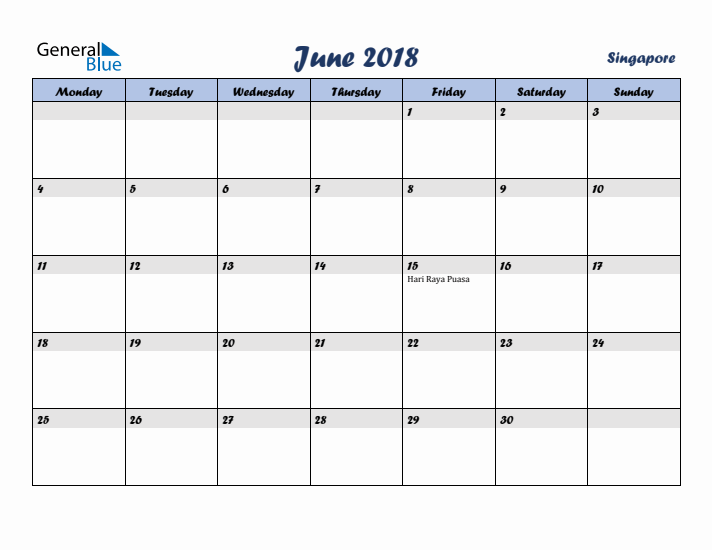 June 2018 Calendar with Holidays in Singapore