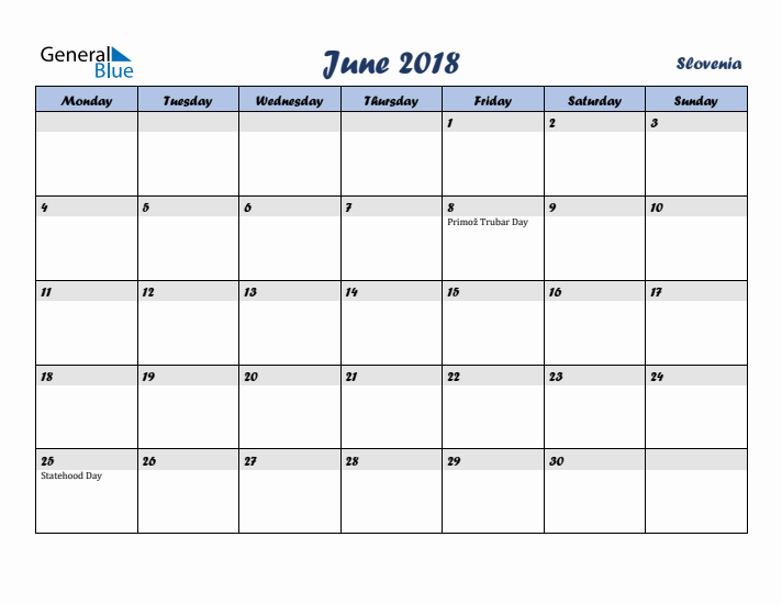 June 2018 Calendar with Holidays in Slovenia