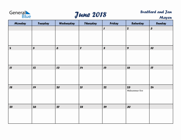 June 2018 Calendar with Holidays in Svalbard and Jan Mayen