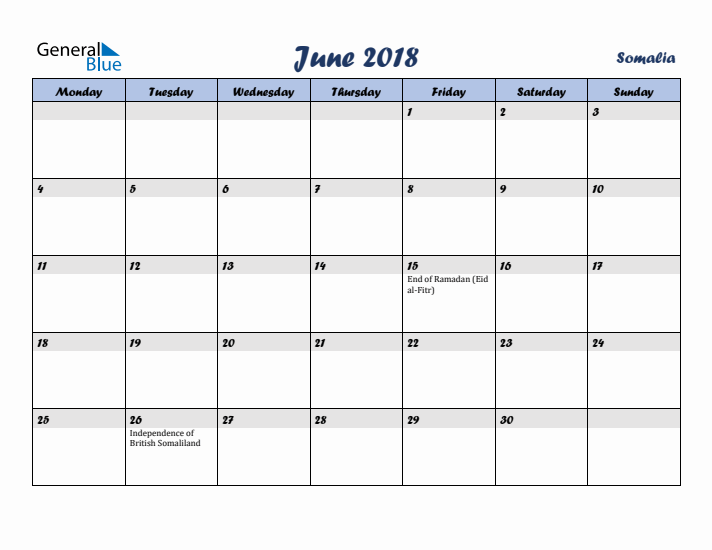 June 2018 Calendar with Holidays in Somalia