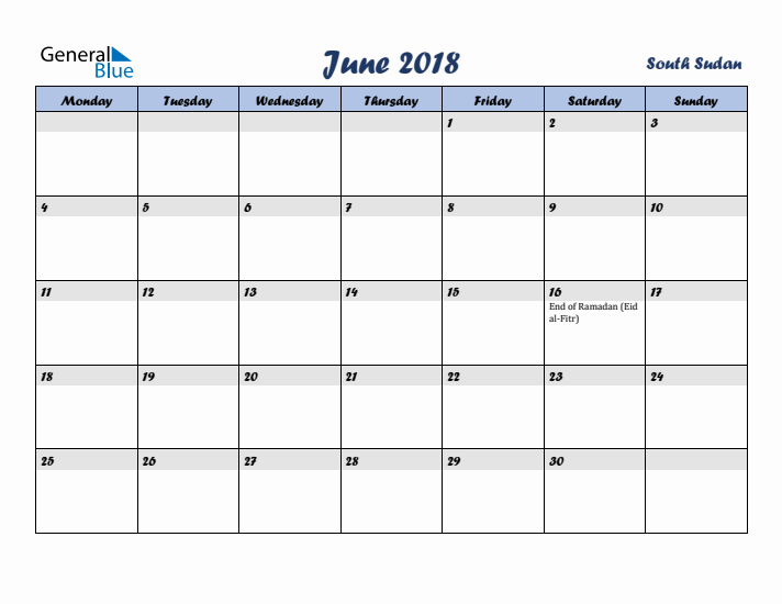 June 2018 Calendar with Holidays in South Sudan
