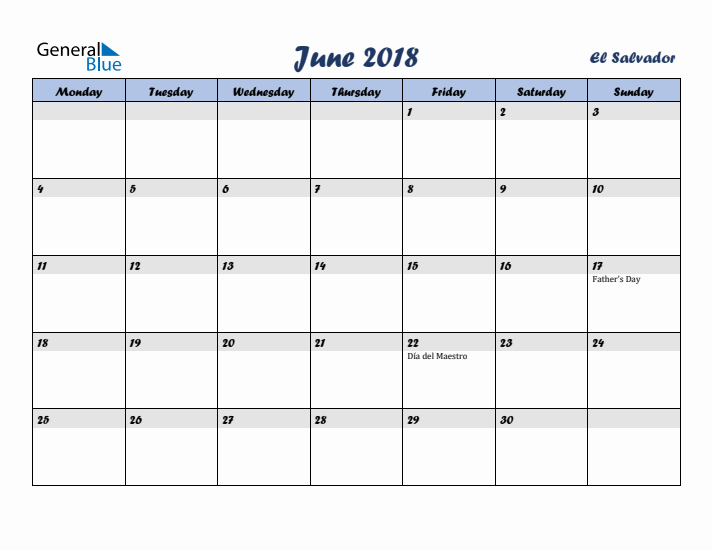 June 2018 Calendar with Holidays in El Salvador