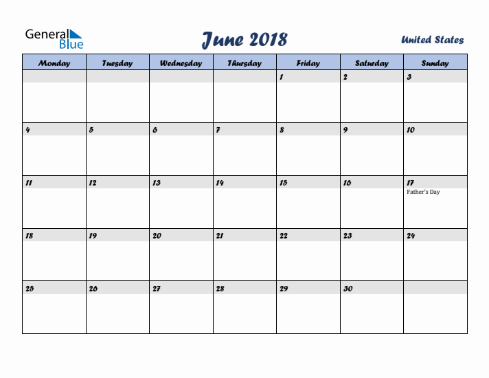 June 2018 Calendar with Holidays in United States