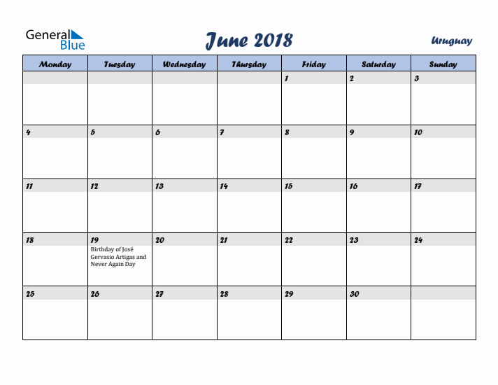 June 2018 Calendar with Holidays in Uruguay