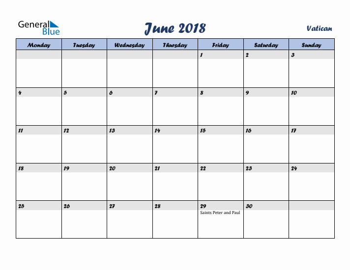June 2018 Calendar with Holidays in Vatican