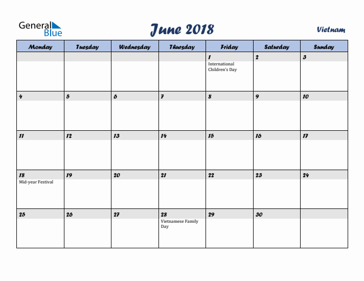 June 2018 Calendar with Holidays in Vietnam
